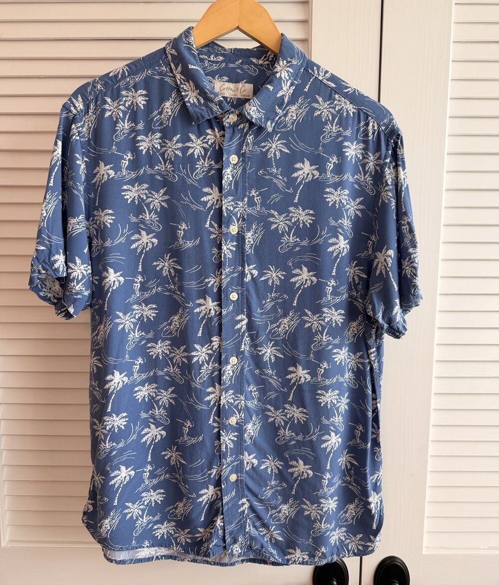 Cotton & Co Hawaiian Shirt Mens M Blue Palm Tree Tropical Viscose Button Up